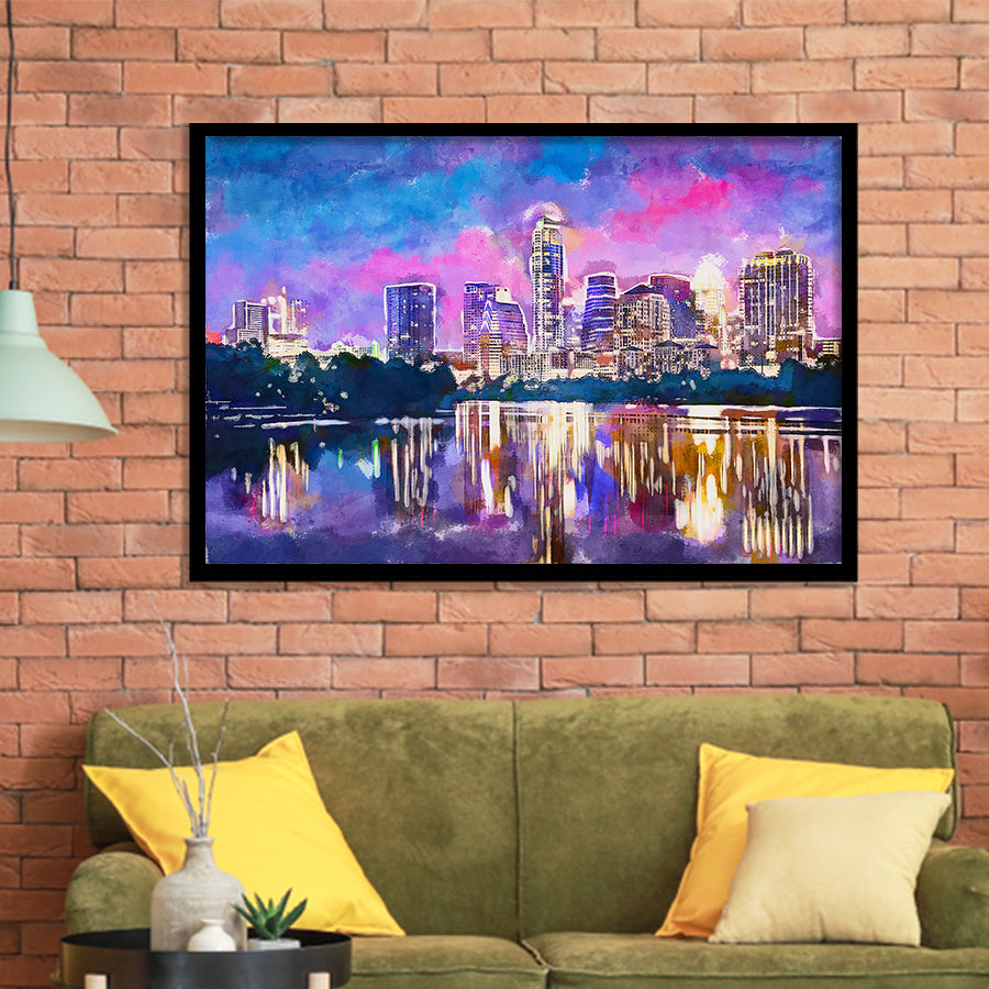 Austin Texas Usa Downtown Skyline On V1 City Art Watercolor Framed Art Prints Wall Art Decor,Framed Picture