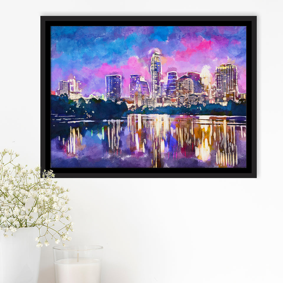 Austin Texas Usa Downtown Skyline On V1 City Art Watercolor Framed Canvas Prints Wall Art Home Decor,Floating Frame