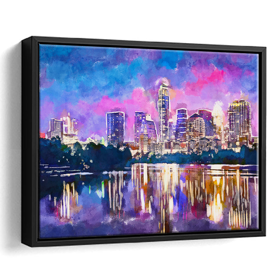 Austin Texas Usa Downtown Skyline On V1 City Art Watercolor Framed Canvas Prints Wall Art Home Decor,Floating Frame