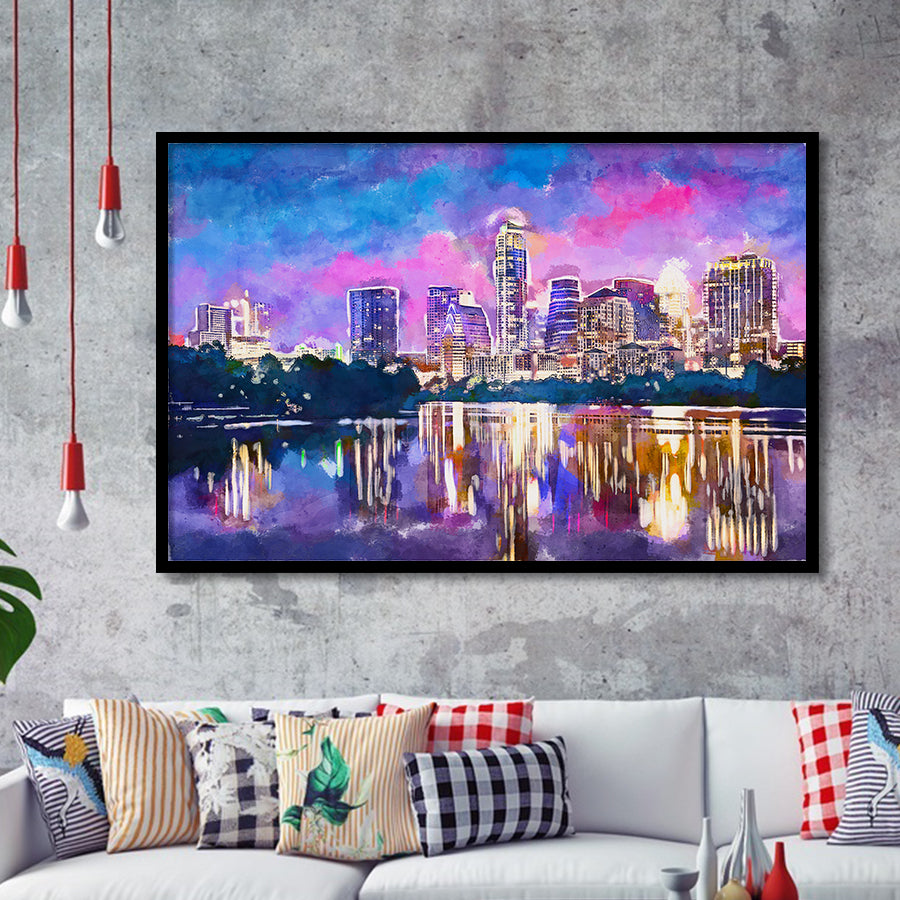 Austin Texas Usa Downtown Skyline On V1 City Art Watercolor Framed Art Prints Wall Art Decor,Framed Picture