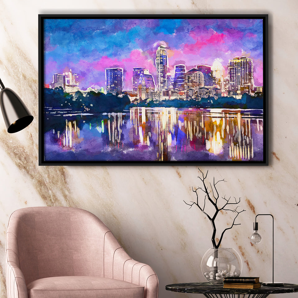 Austin Texas Usa Downtown Skyline On V1 City Art Watercolor Framed Canvas Prints Wall Art Home Decor,Floating Frame