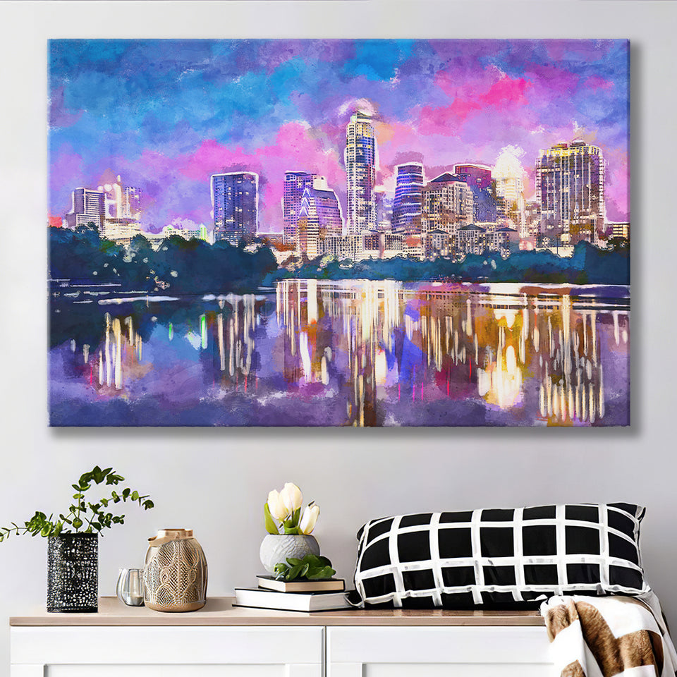 Austin Texas Usa Downtown Skyline On V1 City Art Watercolor Canvas Prints Wall Art Home Decor, Large Canvas