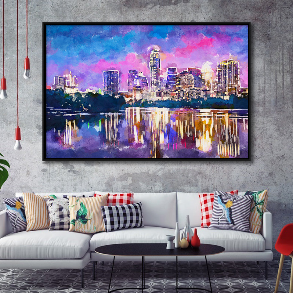Austin Texas Usa Downtown Skyline On V1 City Art Watercolor Framed Canvas Prints Wall Art Home Decor,Floating Frame