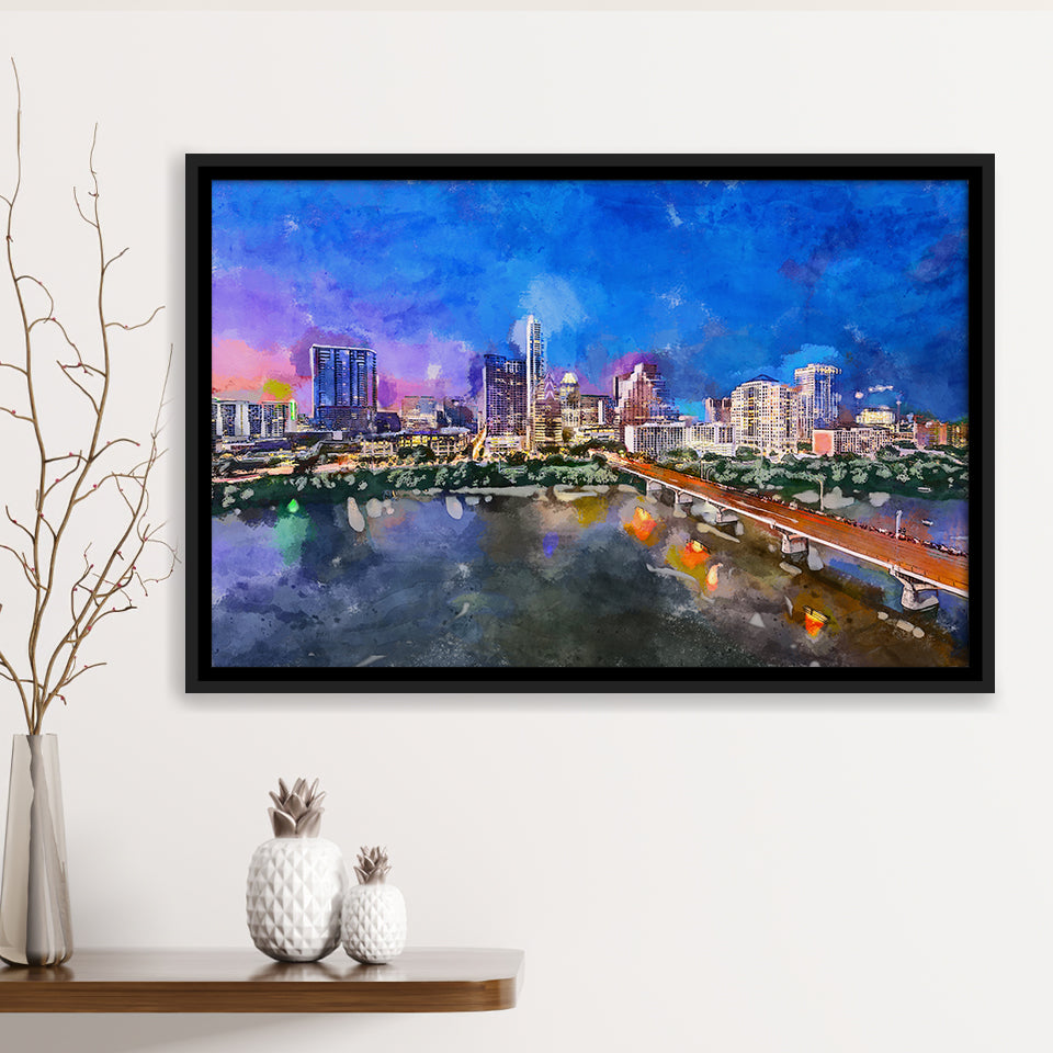 Austin Texas Usa Downtown Skyline Over City Art Watercolor Framed Canvas Prints Wall Art Home Decor,Floating Frame