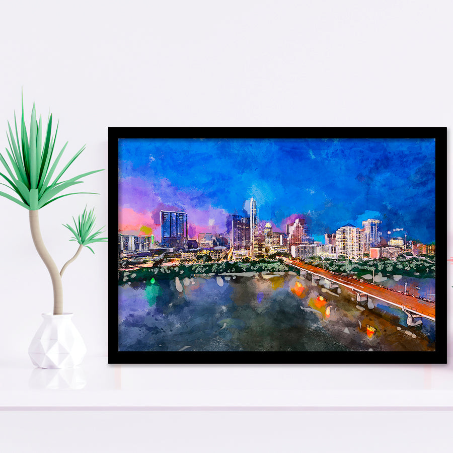 Austin Texas Usa Downtown Skyline Over City Art Watercolor Framed Art Prints Wall Art Decor,Framed Picture