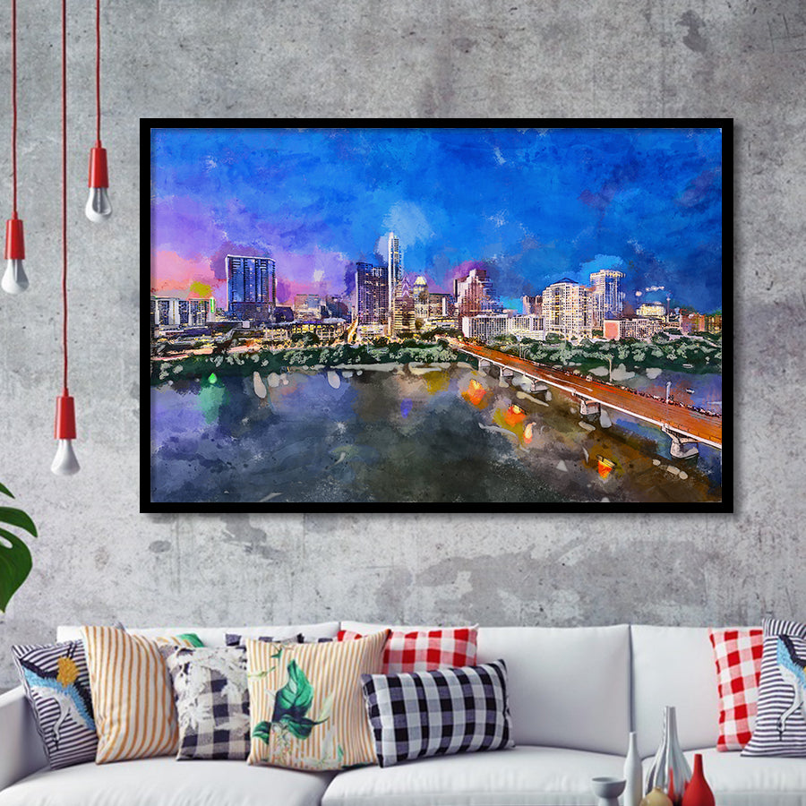 Austin Texas Usa Downtown Skyline Over City Art Watercolor Framed Art Prints Wall Art Decor,Framed Picture