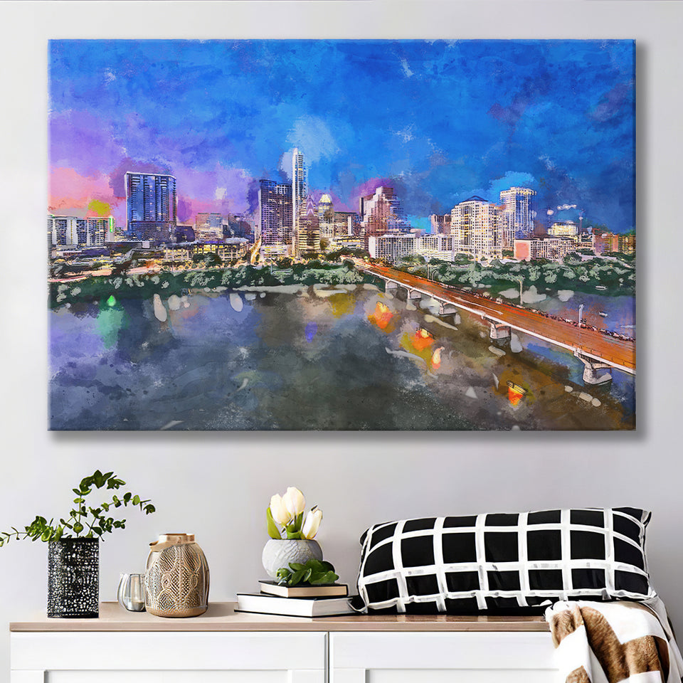 Austin Texas Usa Downtown Skyline Over City Art Watercolor Canvas Prints Wall Art Home Decor, Large Canvas