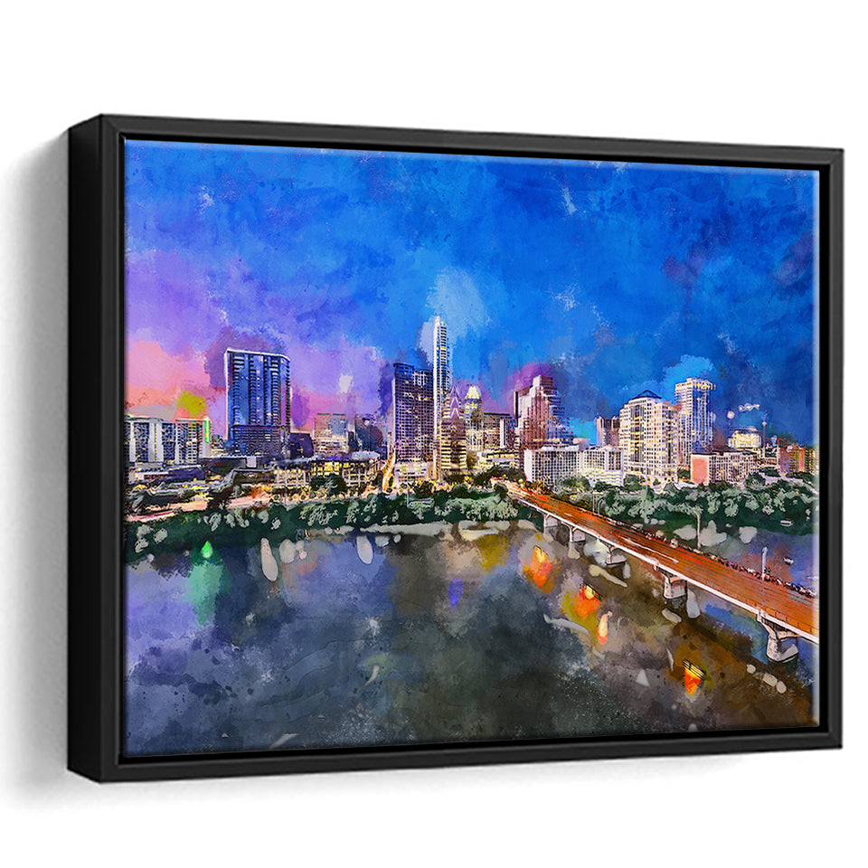 Austin Texas Usa Downtown Skyline Over City Art Watercolor Framed Canvas Prints Wall Art Home Decor,Floating Frame