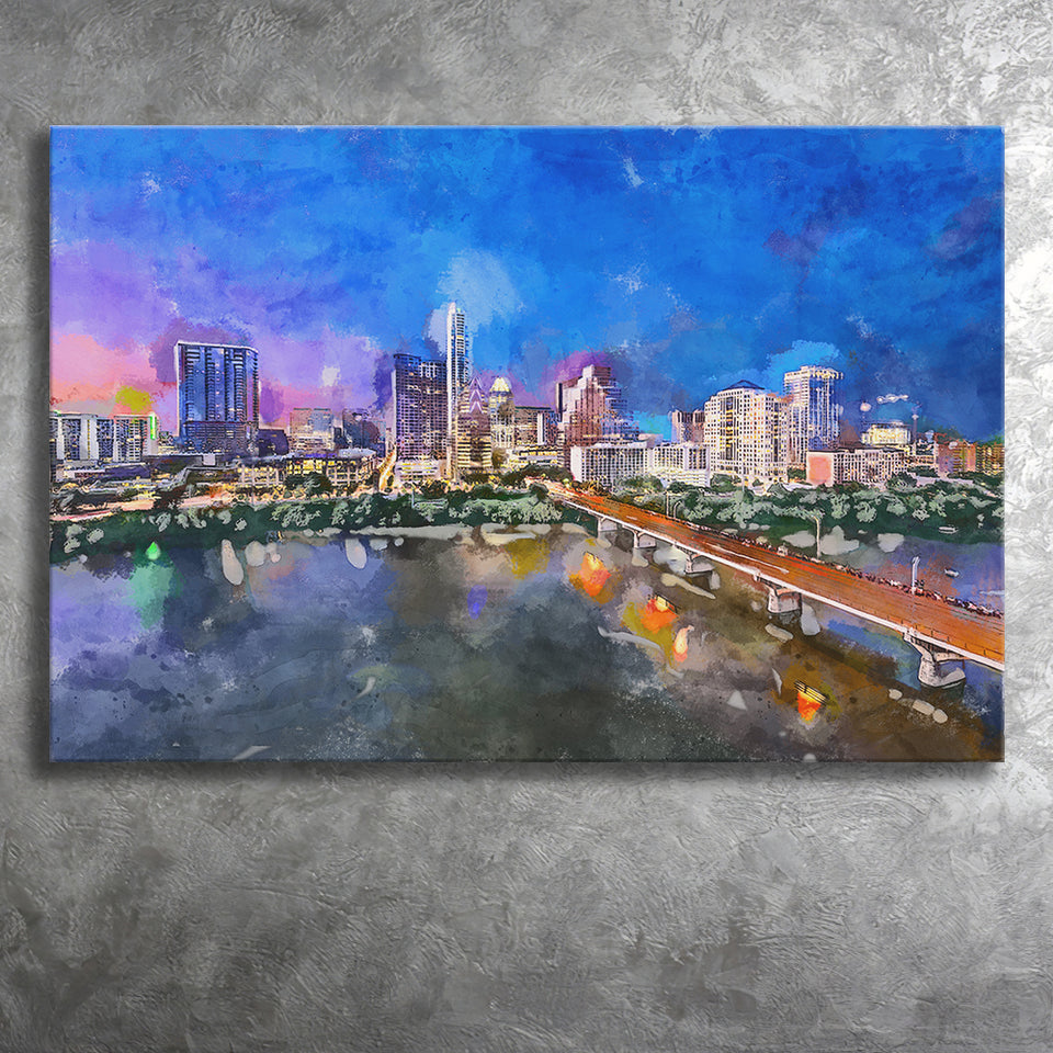 Austin Texas Usa Downtown Skyline Over City Art Watercolor Canvas Prints Wall Art Home Decor, Large Canvas