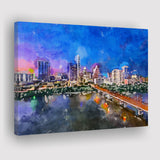 Austin Texas Usa Downtown Skyline Over City Art Watercolor Canvas Prints Wall Art Home Decor, Large Canvas