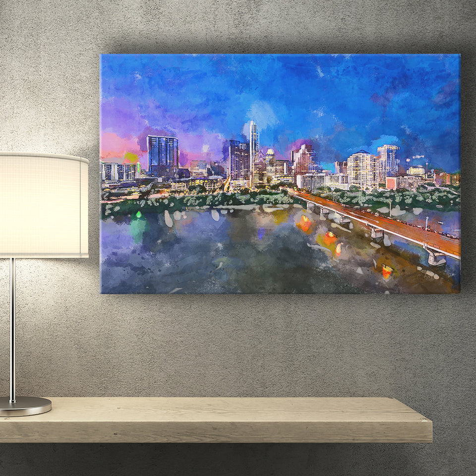 Austin Texas Usa Downtown Skyline Over City Art Watercolor Canvas Prints Wall Art Home Decor, Large Canvas