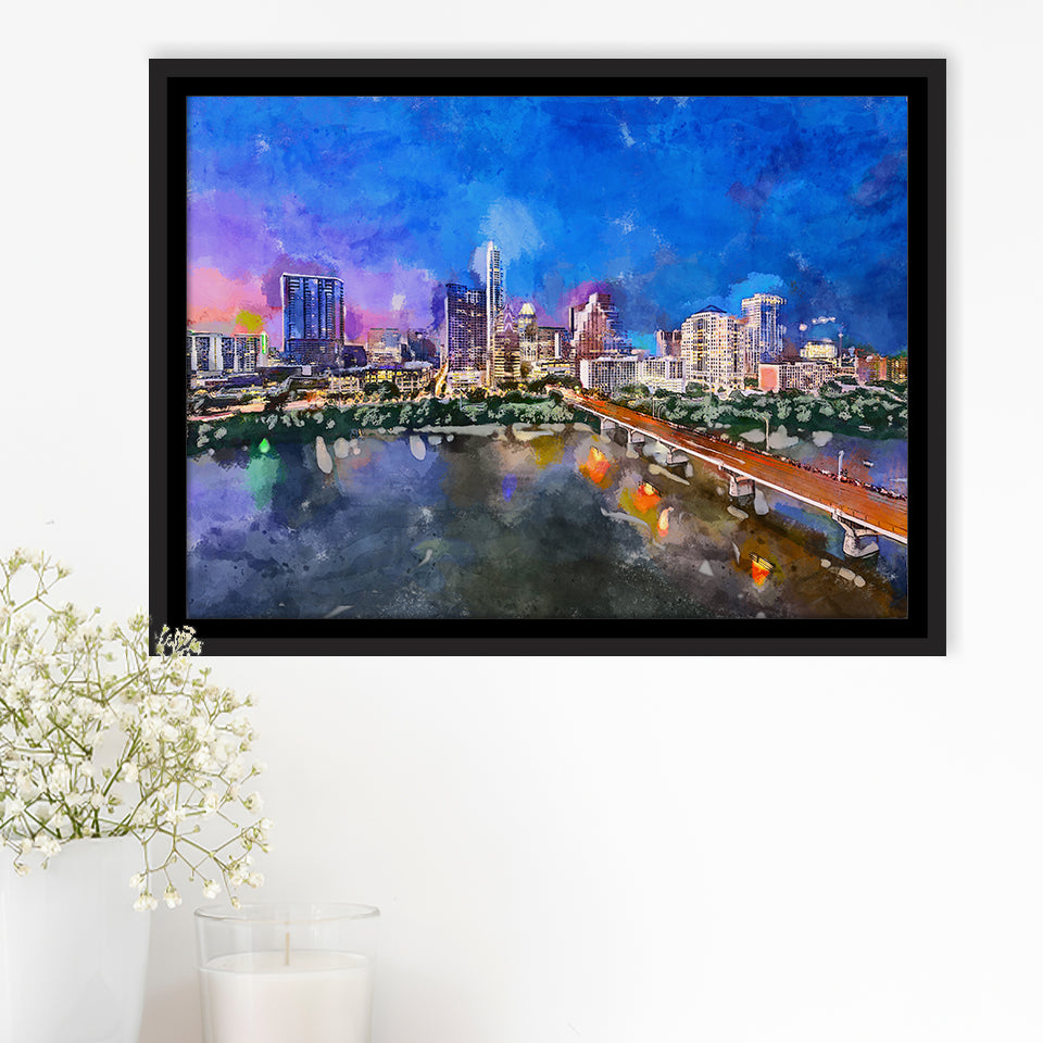 Austin Texas Usa Downtown Skyline Over City Art Watercolor Framed Canvas Prints Wall Art Home Decor,Floating Frame