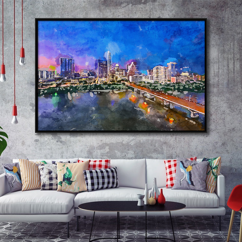 Austin Texas Usa Downtown Skyline Over City Art Watercolor Framed Canvas Prints Wall Art Home Decor,Floating Frame
