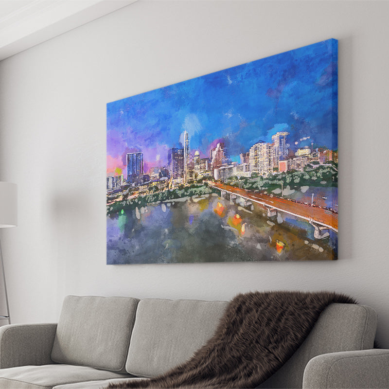 Austin Texas Usa Downtown Skyline Over City Art Watercolor Canvas Prints Wall Art Home Decor, Large Canvas