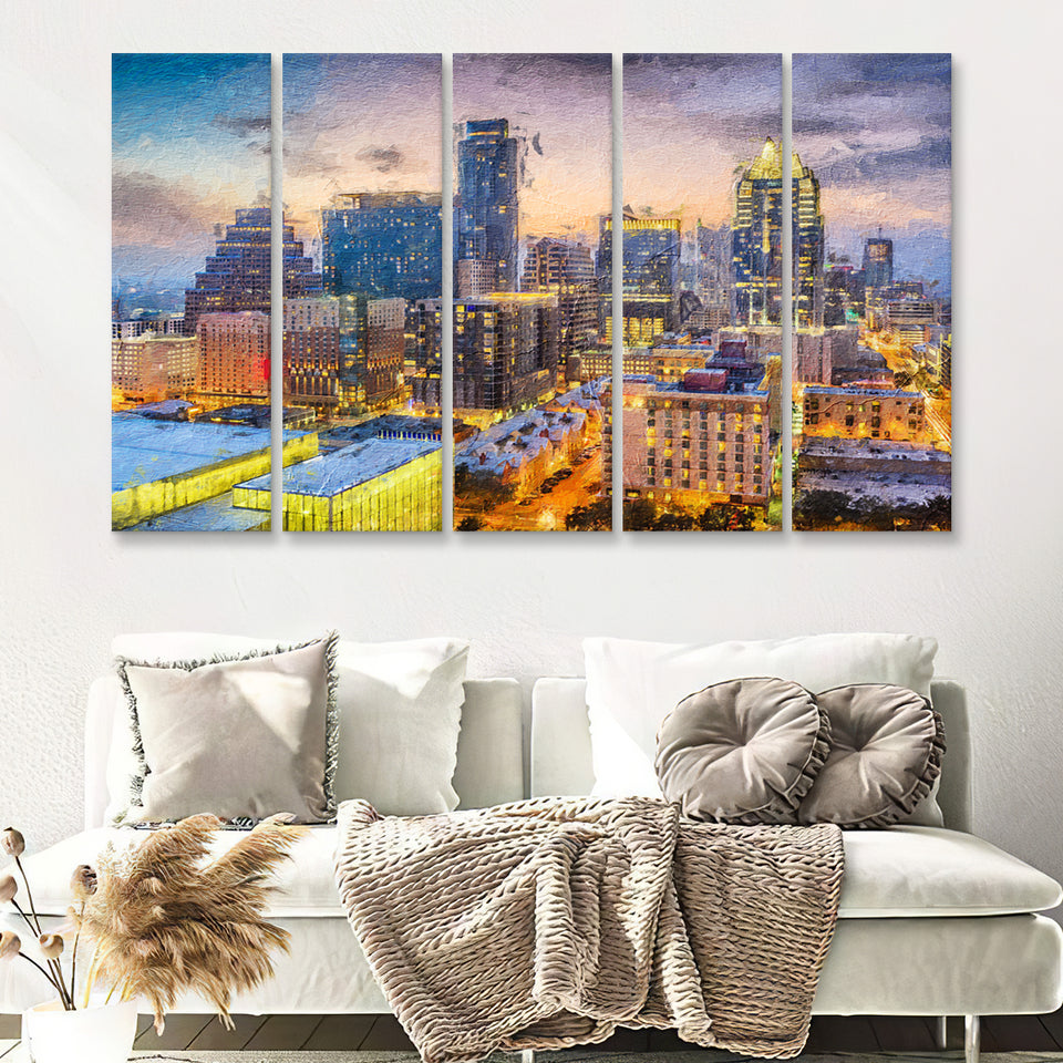 Austin Downtown 5 Piece B Canvas Prints Wall Art Decor - Painting Canvas, Multi Panels