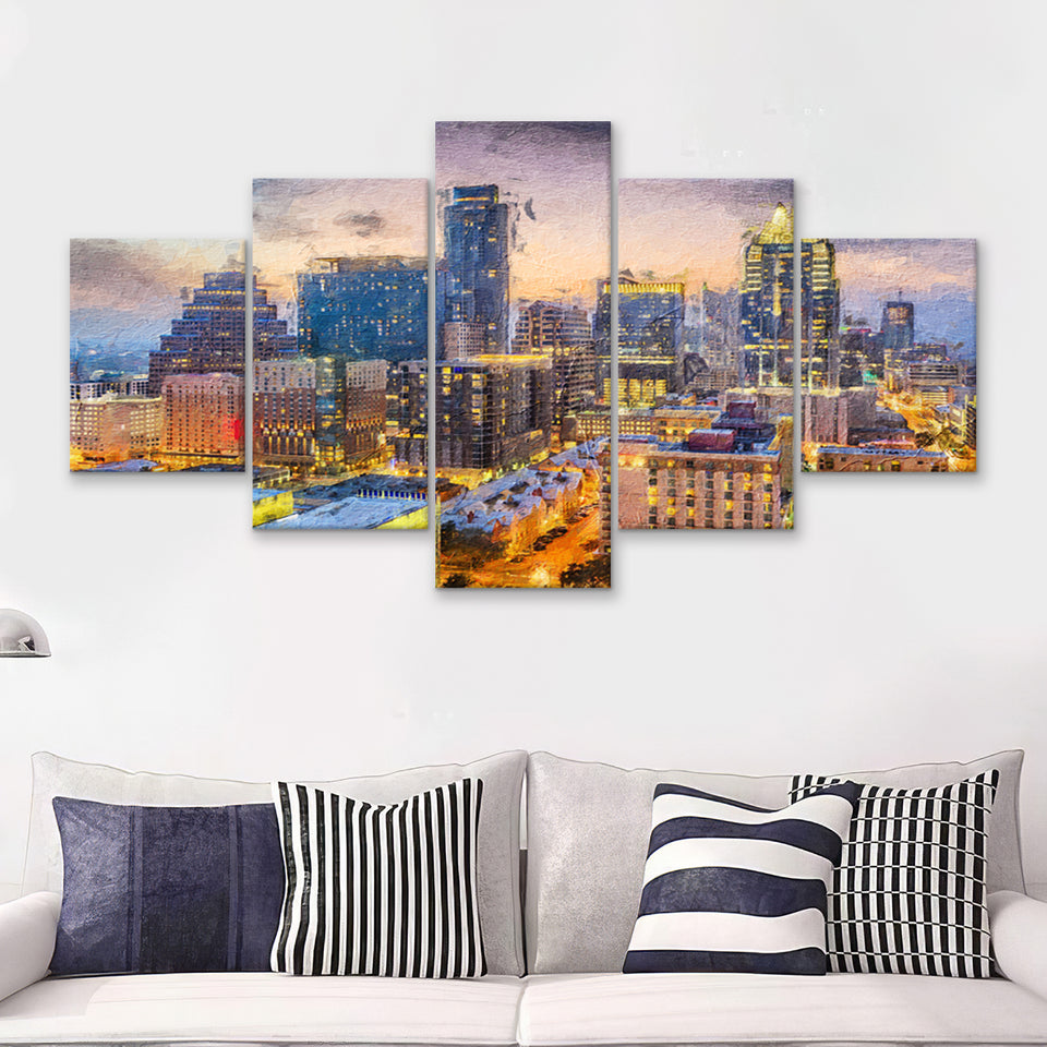 Austin Downtown 5 Piece Canvas Prints Wall Art Decor - Painting Canvas, Multi Panels