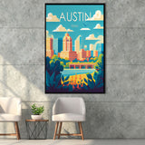 Austin Texas Retro Art Print, Large Canvas, Framed Canvas Print Wall Art Home Decor, Floating Frame