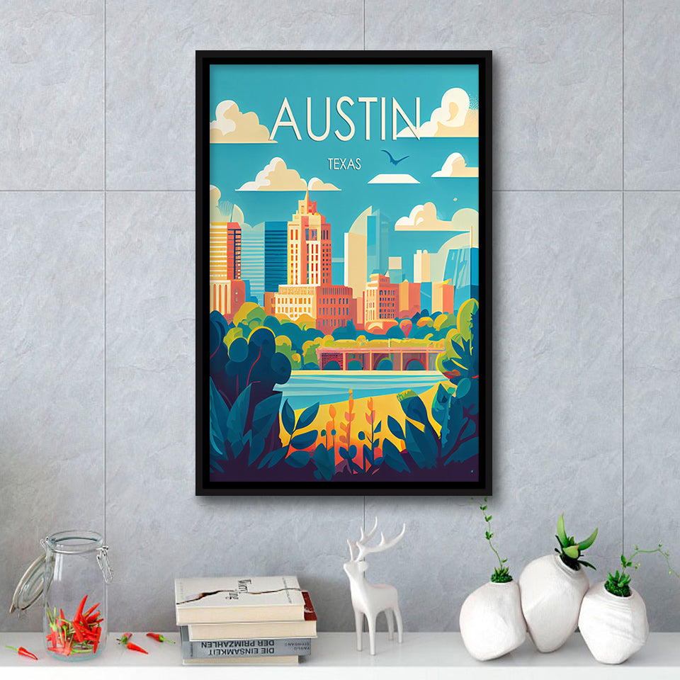 Austin Texas Retro Art Print, Large Canvas, Framed Canvas Print Wall Art Home Decor, Floating Frame