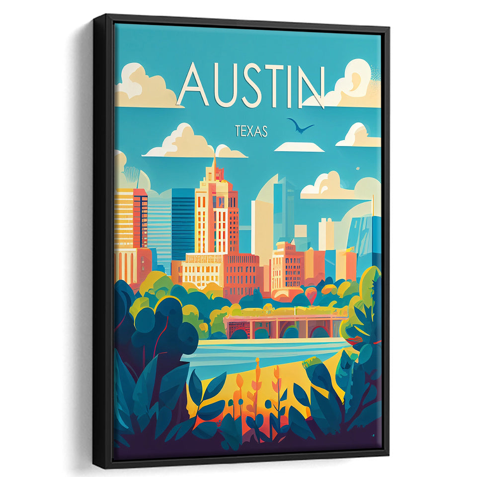 Austin Texas Retro Art Print, Large Canvas, Framed Canvas Print Wall Art Home Decor, Floating Frame