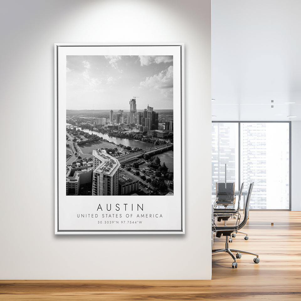 Austin, Usa Black And White Art Framed Canvas Prints Wall Art Home Decor, Floating Frame