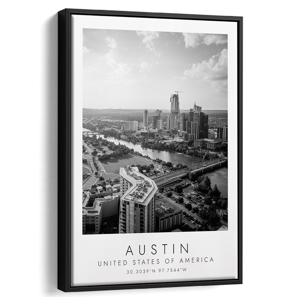 Austin, Usa Black And White Art Framed Canvas Prints Wall Art Home Decor, Floating Frame