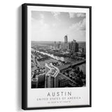 Austin, Usa Black And White Art Framed Canvas Prints Wall Art Home Decor, Floating Frame