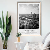 Austin, Usa Black And White Art Framed Canvas Prints Wall Art Home Decor, Floating Frame