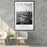 Austin, Usa Black And White Art Framed Canvas Prints Wall Art Home Decor, Floating Frame