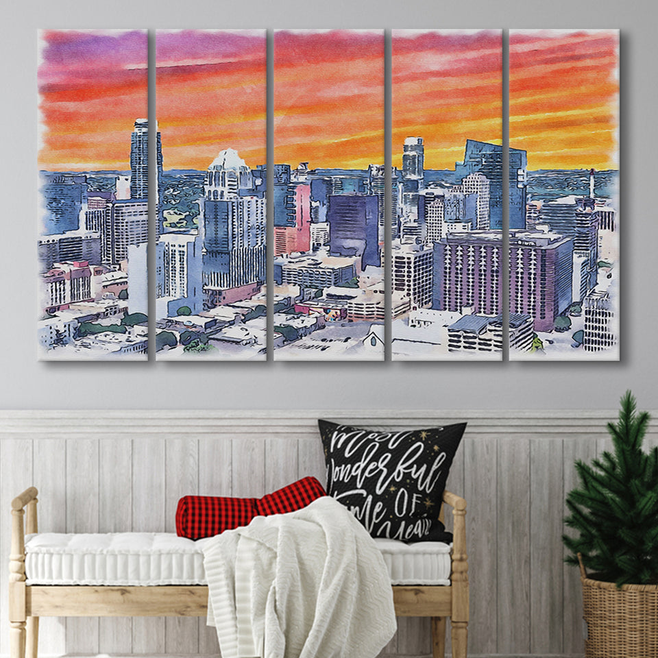 Austin Watercolor Austin Texas, 5 Pieces B, Multi Panel Canvas Prints Wall Art Decor