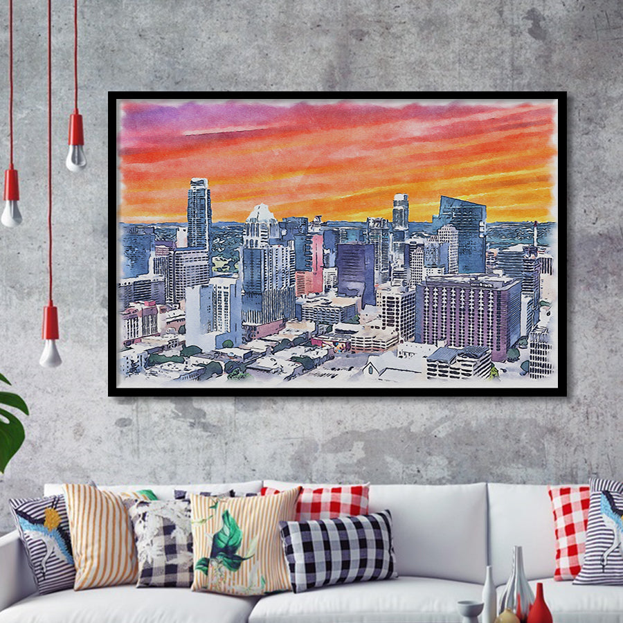 Austin Watercolor Austin Texas, Sport Prints Fan Gift, Framed Art Prints Wall Art Decor