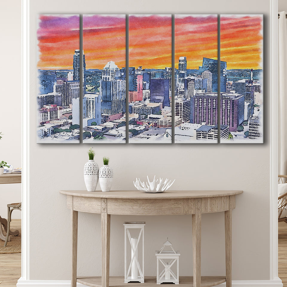 Austin Watercolor Austin Texas, 5 Pieces B, Multi Panel Canvas Prints Wall Art Decor
