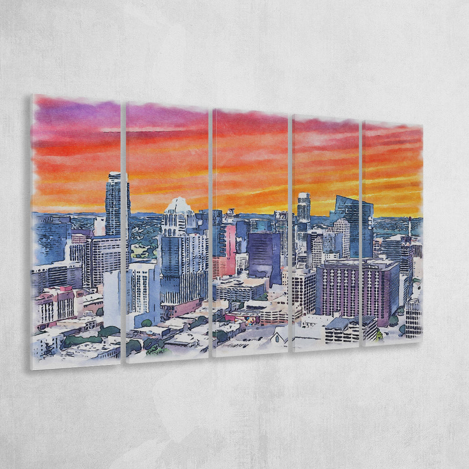 Austin Watercolor Austin Texas, 5 Pieces B, Multi Panel Canvas Prints Wall Art Decor