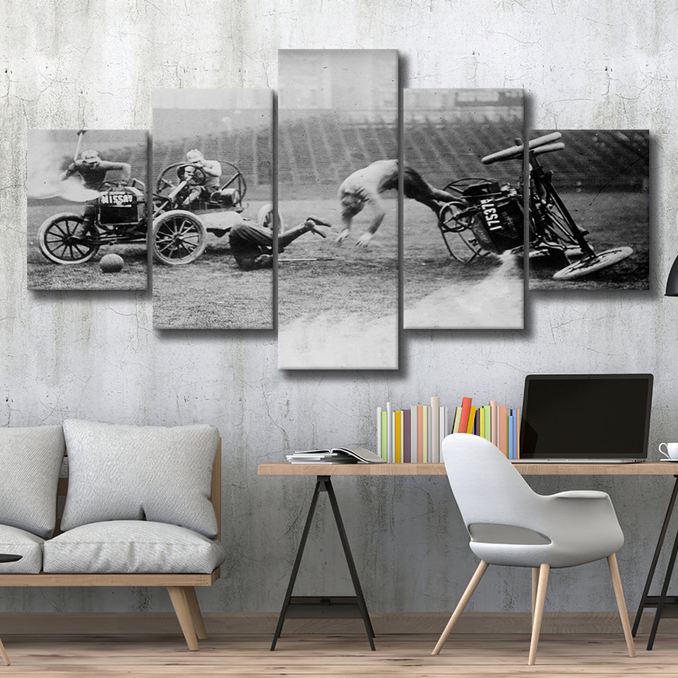Auto Polo Car Crash Black And White Print, Polo Game Car Crash 5 Panels, Canvas Prints Wall Art Decor, Large Canvas Art