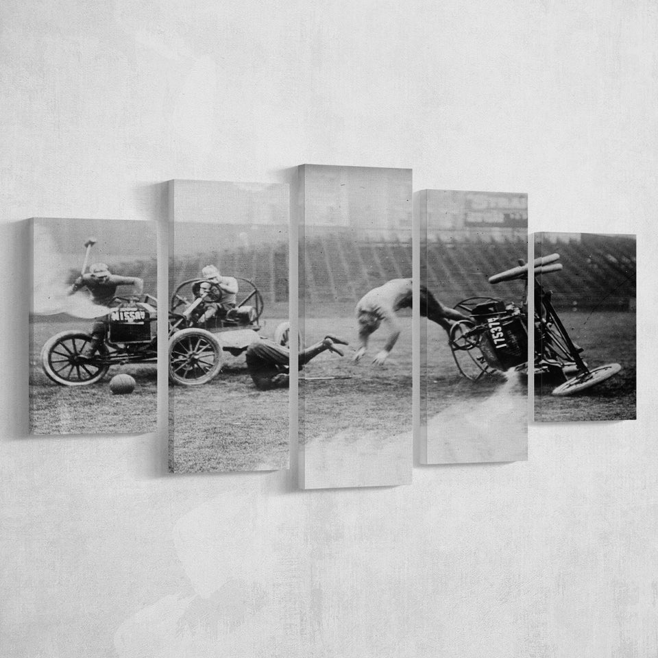 Auto Polo Car Crash Black And White Print, Polo Game Car Crash 5 Panels, Canvas Prints Wall Art Decor, Large Canvas Art