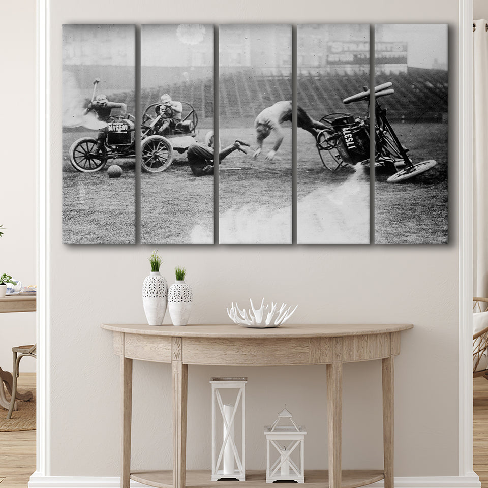 Auto Polo Car Crash Black And White Print, Polo Game Car Crash Larger Canvas Art, 5 Piece Canvas Prints Wall Art Decor