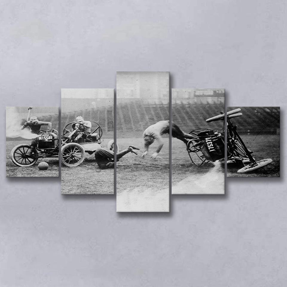 Auto Polo Car Crash Black And White Print, Polo Game Car Crash 5 Panels, Canvas Prints Wall Art Decor, Large Canvas Art