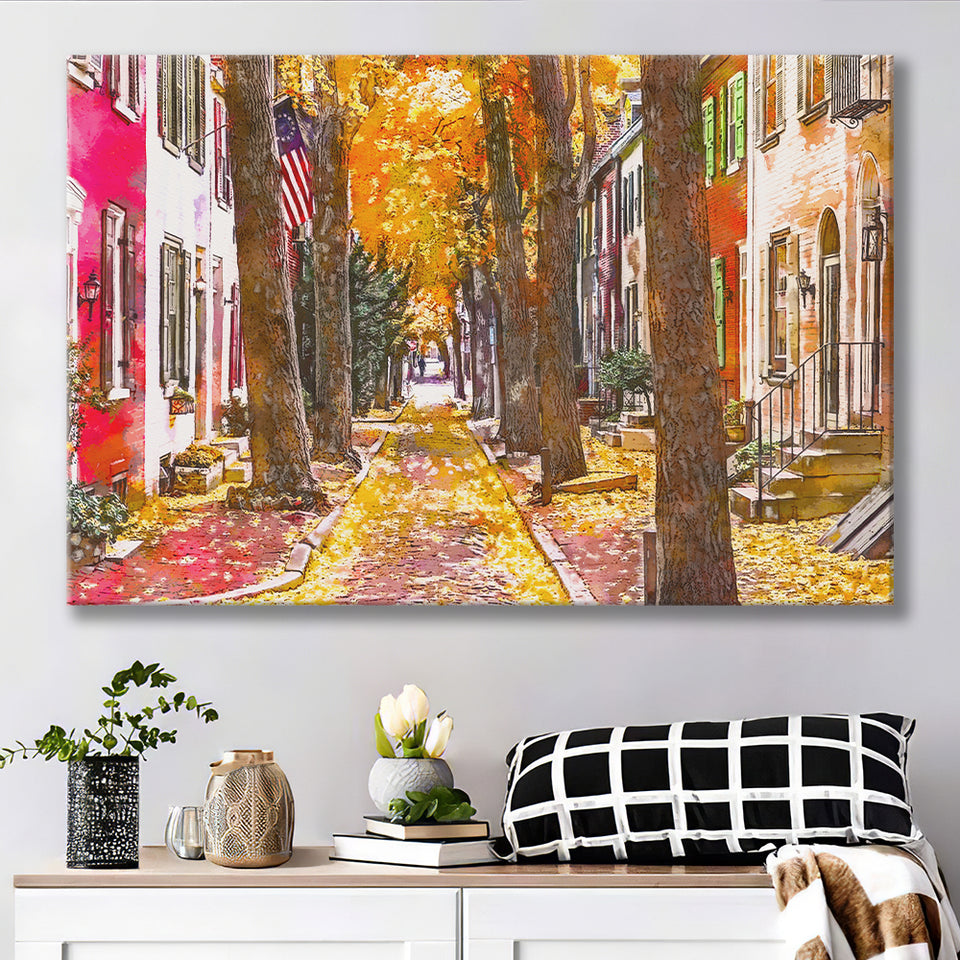 Autumn Alleyway Philadelphia Pennsylvania Usa City Art Watercolor Canvas Prints Wall Art Home Decor, Large Canvas