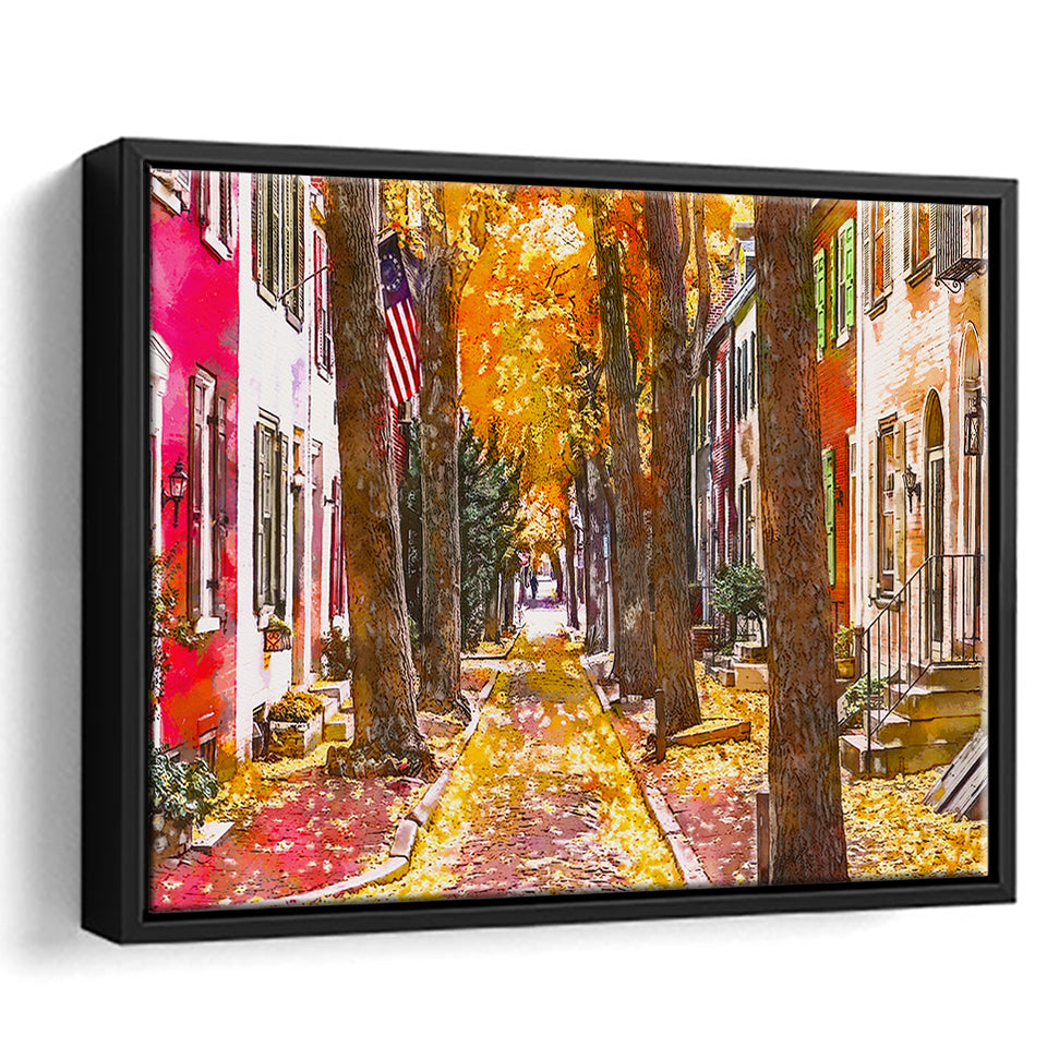 Autumn Alleyway Philadelphia Pennsylvania Usa City Art Watercolor Framed Canvas Prints Wall Art Home Decor,Floating Frame