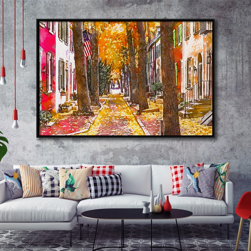 Autumn Alleyway Philadelphia Pennsylvania Usa City Art Watercolor Framed Canvas Prints Wall Art Home Decor,Floating Frame