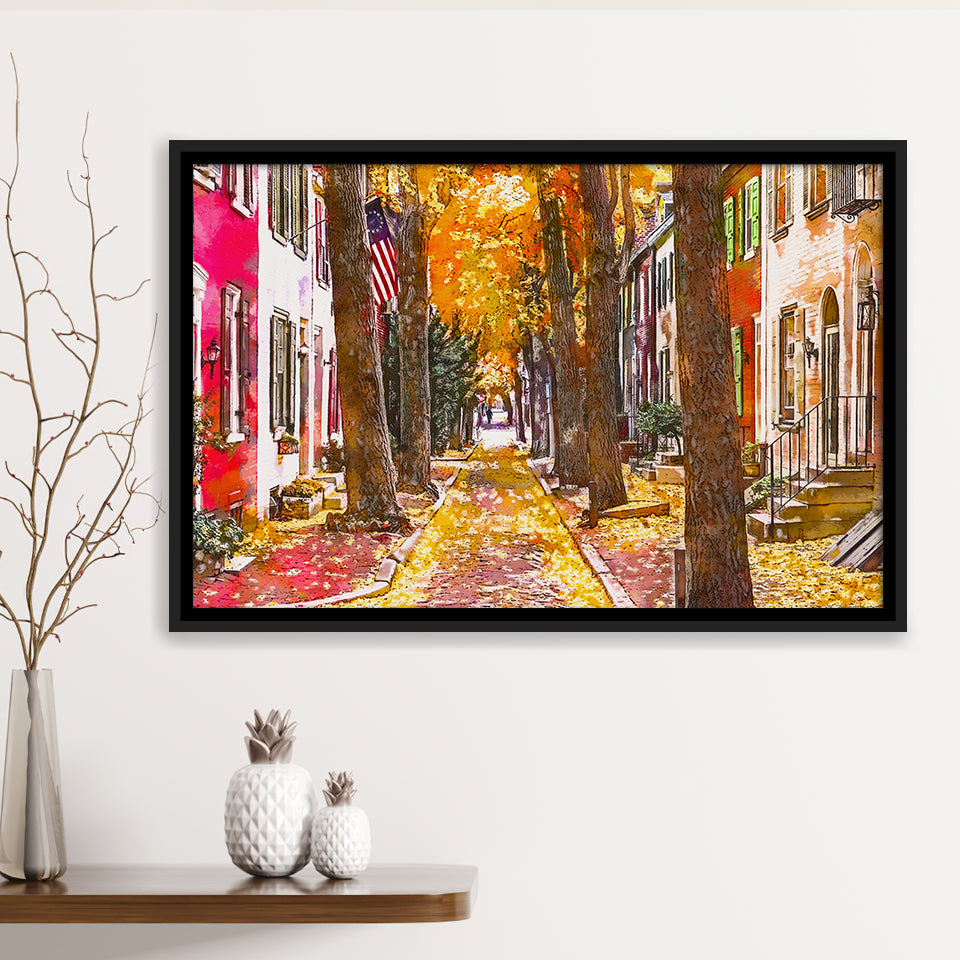 Autumn Alleyway Philadelphia Pennsylvania Usa City Art Watercolor Framed Canvas Prints Wall Art Home Decor,Floating Frame