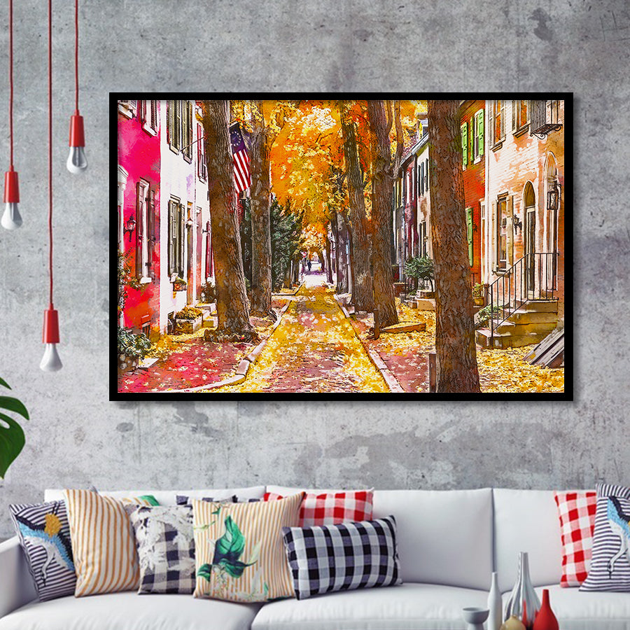 Autumn Alleyway Philadelphia Pennsylvania Usa City Art Watercolor Framed Art Prints Wall Art Decor,Framed Picture
