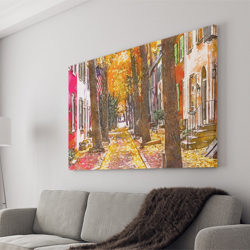 Autumn Alleyway Philadelphia Pennsylvania Usa City Art Watercolor Canvas Prints Wall Art Home Decor, Large Canvas
