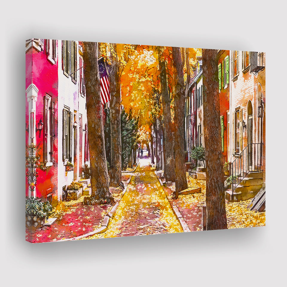 Autumn Alleyway Philadelphia Pennsylvania Usa City Art Watercolor Canvas Prints Wall Art Home Decor, Large Canvas