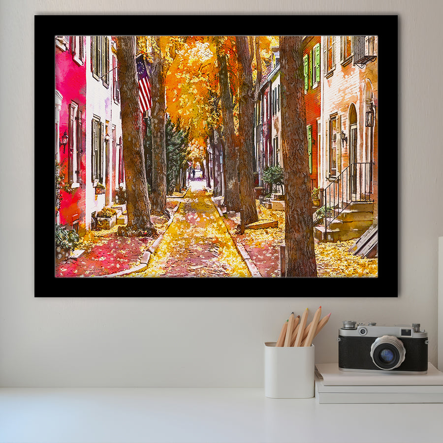 Autumn Alleyway Philadelphia Pennsylvania Usa City Art Watercolor Framed Art Prints Wall Art Decor,Framed Picture