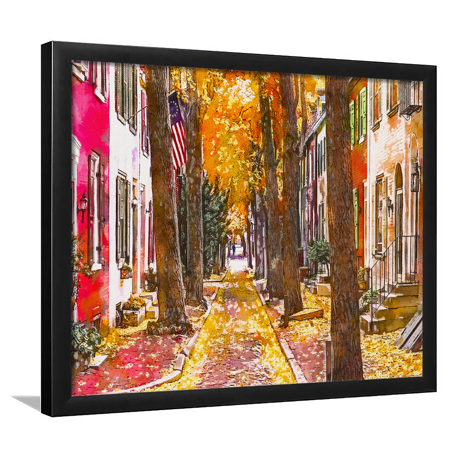 Autumn Alleyway Philadelphia Pennsylvania Usa City Art Watercolor Framed Art Prints Wall Art Decor,Framed Picture