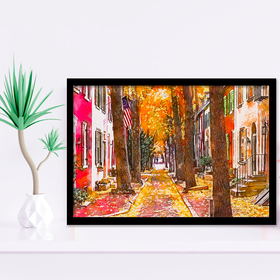 Autumn Alleyway Philadelphia Pennsylvania Usa City Art Watercolor Framed Art Prints Wall Art Decor,Framed Picture