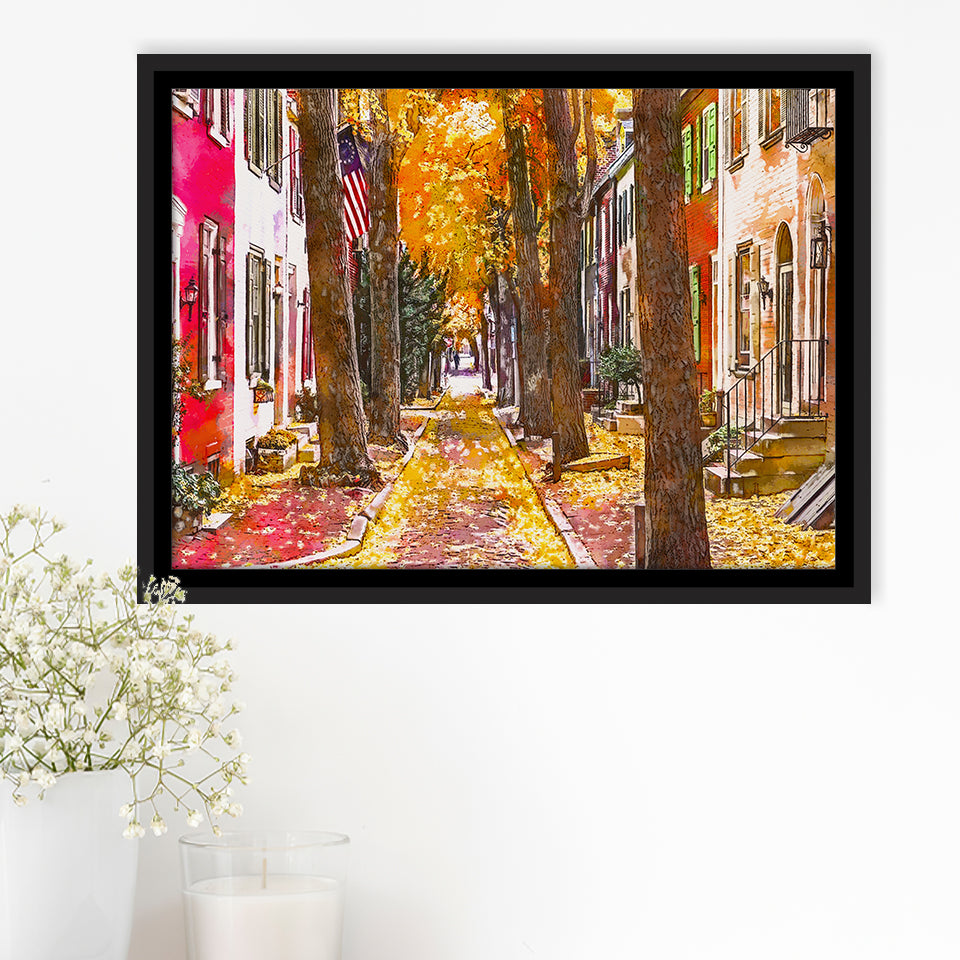 Autumn Alleyway Philadelphia Pennsylvania Usa City Art Watercolor Framed Canvas Prints Wall Art Home Decor,Floating Frame