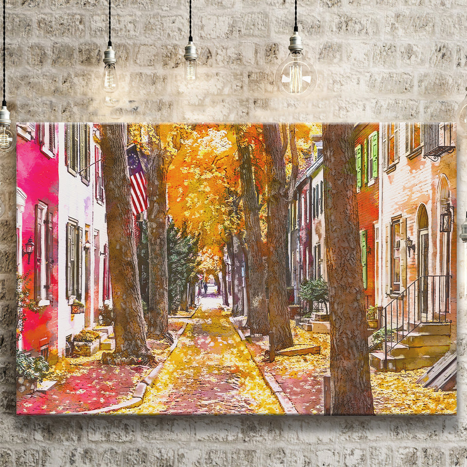 Autumn Alleyway Philadelphia Pennsylvania Usa City Art Watercolor Canvas Prints Wall Art Home Decor, Large Canvas