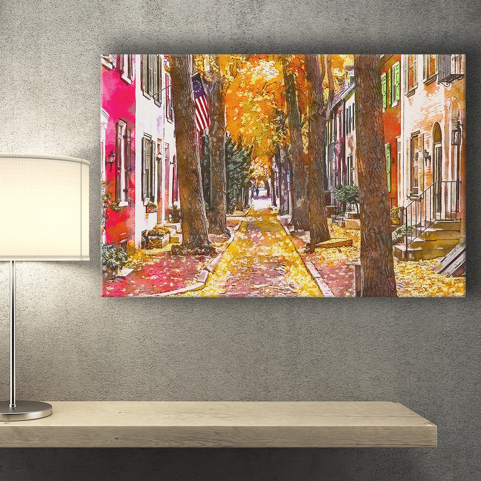 Autumn Alleyway Philadelphia Pennsylvania Usa City Art Watercolor Canvas Prints Wall Art Home Decor, Large Canvas