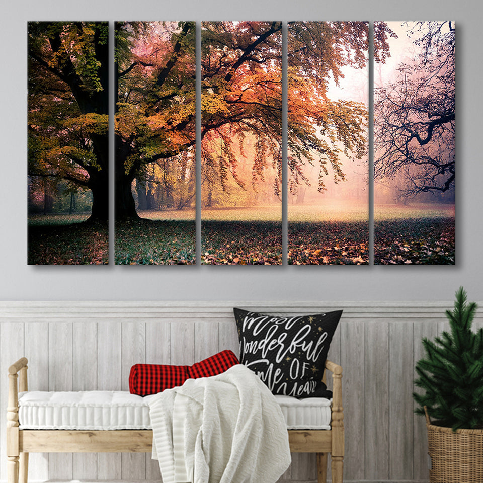 Autumn Oak Tree Nature Foliage Forest Orange Leaves Landscape 5 Piece B Canvas Prints Wall Art, Multi Panels